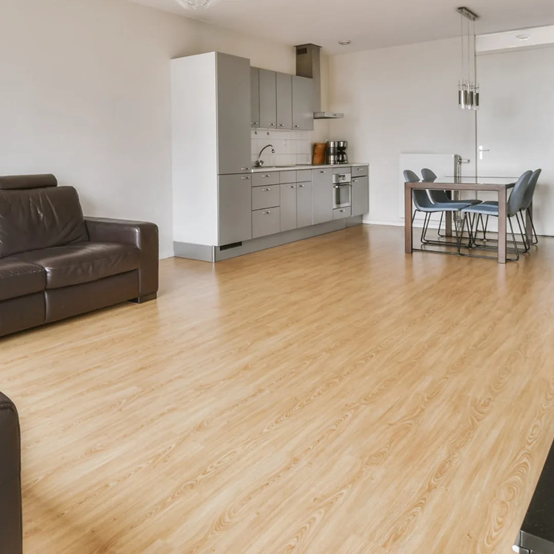 Light wood flooring in open concept living
