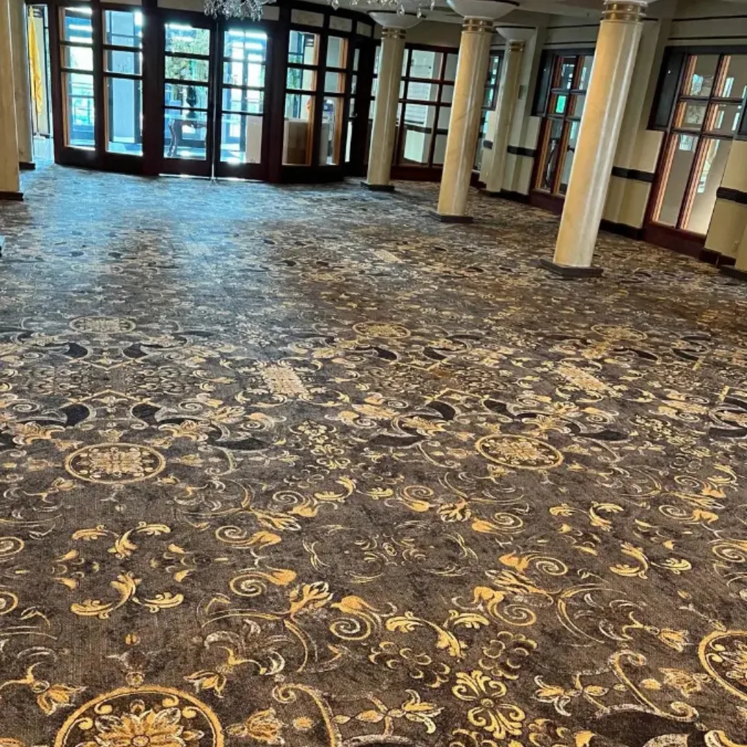 Ornate patterned carpet in commercial building lobby
